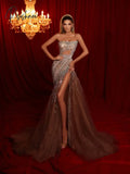 Sexy Strapless Side High Slit Cocktail Dresses Sparkly Sequins Crtstal Evening Dress Luxury Mermaid