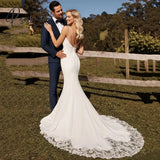 Sexy V-Neck Wedding Dress Beading Spaghetti Straps Pleat Beach Mermaid Bridal Gown Backless Train