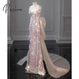 Shiny Pink Mermaid Evening Dresses Bowknot Sequined Beading Detachable Tailing Halter Collar
