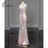 Shiny Pink Mermaid Evening Dresses Bowknot Sequined Beading Detachable Tailing Halter Collar
