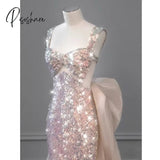Shiny Pink Mermaid Evening Dresses Bowknot Sequined Beading Detachable Tailing Halter Collar