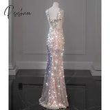Shiny Pink Mermaid Evening Dresses Bowknot Sequined Beading Detachable Tailing Halter Collar