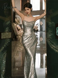 Shiny Silver Celebrity Dresses Spaghetti Strap Mermaid Floor Length Pleated High-end Simple Gorgeous Vintage Evening Gowns New