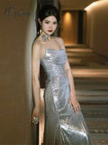 Shiny Silver Celebrity Dresses Spaghetti Strap Mermaid Floor Length Pleated High-End Simple