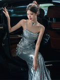 Shiny Silver Celebrity Dresses Spaghetti Strap Mermaid Floor Length Pleated High-End Simple