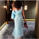 Short Light Blue Chiffon Evening Dresses With Ruffles Mermaid V-Neck Spaghetti Tea Length Robe De