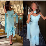 Short Light Blue Chiffon Evening Dresses With Ruffles Mermaid V-Neck Spaghetti Tea Length Robe De