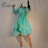 Short Mint Green Organza Pleated V-Neck Evening Dresses A-Line Long Sleeve Knee Length Prom For