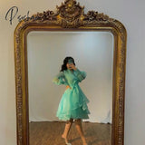 Short Mint Green Organza Pleated V-Neck Evening Dresses A-Line Long Sleeve Knee Length Prom For