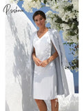 Short Mother Of The Bride Dresses Set With Jacket Outfit Silver Grey Knee Length V-Neck Autumn