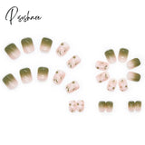 Short Square Summer False Nail Wearable Green Camellia Pearl Fake Nails Removable 24Pcs/Pack With