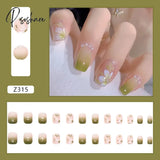 Short Square Summer False Nail Wearable Green Camellia Pearl Fake Nails Removable 24Pcs/Pack With