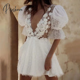 Short Wedding Dresses Plunging V-Neck Half Sleeves Pearls Flowers Mini Bride Dresses Sexy Backless Illusion Formal Wedding Gowns