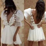 Short Wedding Dresses Plunging V-Neck Half Sleeves Pearls Flowers Mini Bride Sexy Backless Illusion