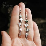 Silver Color Earrings Ivy Elven Botanical Jewelry Plant Leaf Design Green
