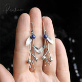 Silver Color Earrings Ivy Elven Botanical Jewelry Plant Leaf Design Lapis Lazuli