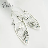 Silver Color Earrings Ivy Elven Botanical Jewelry Plant Leaf Design Lotus Leaf Light Blu