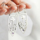Silver Color Earrings Ivy Elven Botanical Jewelry Plant Leaf Design Lotus Leaf Purple