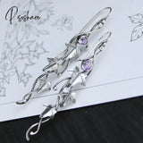 Silver Color Earrings Ivy Elven Botanical Jewelry Plant Leaf Design Purple