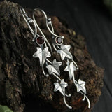 Silver Color Earrings Ivy Elven Botanical Jewelry Plant Leaf Design Red