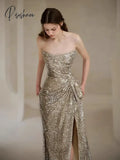 Silver Mermaid Celebrity Dresses Shiny Sleeveless Strapless Ruched Floor Length Side Split Formal