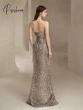 Silver Mermaid Celebrity Dresses Shiny Sleeveless Strapless Ruched Floor Length Side Split Formal