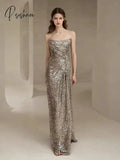 Silver Mermaid Celebrity Dresses Shiny Sleeveless Strapless Ruched Floor Length Side Split Formal