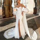 Simple High Split Elegant Wedding Dress For Woman Strapless Satin Bridal Gown Sweep Train Women