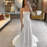 Simple Stretch Satin Pearls Wedding Dresses For Women Bride White A-Line Robe De Mariee Customzie Mermaid Strapless Sweep