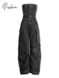 Solid Patchwork Pocket Casual Denim Jumpsuits For Women Strapless Sleeveless High Waist Temperament