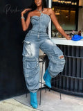 Solid Patchwork Pocket Casual Denim Jumpsuits For Women Strapless Sleeveless High Waist Temperament