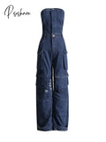 Solid Patchwork Pocket Casual Denim Jumpsuits For Women Strapless Sleeveless High Waist Temperament