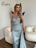 Sparkly Crystal Pearls Prom Gown Classic High Collar Evening Dress Elegant Satin Long Cocktail