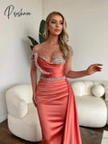 Sparkly Crystal Pearls Prom Gown Classic High Collar Evening Dress Elegant Satin Long Cocktail