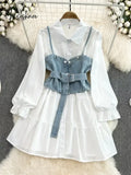 Spring Autumn Cowboy Waistcoat Shirt Dress Female Elegant Length Sleeve White Vest Women’s