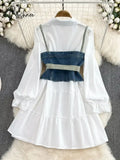 Spring Autumn Cowboy Waistcoat Shirt Dress Female Elegant Length Sleeve White Vest Women’s