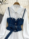 Spring Autumn Cowboy Waistcoat Shirt Dress Female Elegant Length Sleeve White Vest Women’s