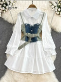 Spring Autumn Cowboy Waistcoat Shirt Dress Female Elegant Length Sleeve White Vest Women’s