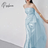 Strapless Celebrity Dresses Blue Pleat Illusion Sequined Tiered Hollow Out Luxurious Sparkly