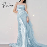 Strapless Celebrity Dresses Blue Pleat Illusion Sequined Tiered Hollow Out Luxurious Sparkly