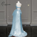 Strapless Celebrity Dresses Blue Pleat Illusion Sequined Tiered Hollow Out Luxurious Sparkly