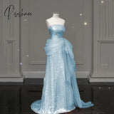 Strapless Celebrity Dresses Blue Pleat Illusion Sequined Tiered Hollow Out Luxurious Sparkly