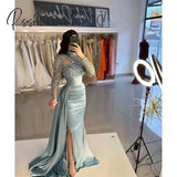 Stylish Beaded Mermaid Prom Dresses Long Sleeves Sequined Evening Gowns High-Neck Sweep Train Side