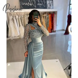 Stylish Beaded Mermaid Prom Dresses Long Sleeves Sequined Evening Gowns High-Neck Sweep Train Side