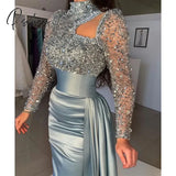 Stylish Beaded Mermaid Prom Dresses Long Sleeves Sequined Evening Gowns High-Neck Sweep Train Side