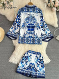 Summer Holidays Blue And White Porcelain Two Piece Suit Women Flare Sleeve Loose Shirt Top + Flower