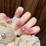 Sweet Summer Fake Nails Patches Pink Candy Color Press On Women Wearable Nail Art Stickers Full