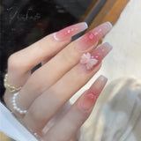 Sweet Summer Fake Nails Patches Pink Candy Color Press On Women Wearable Nail Art Stickers Full