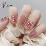 Sweet Summer Fake Nails Patches Pink Candy Color Press On Women Wearable Nail Art Stickers Full