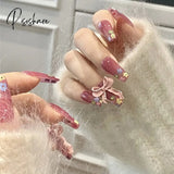 Sweet Summer Fake Nails Patches Pink Candy Color Press On Women Wearable Nail Art Stickers Full